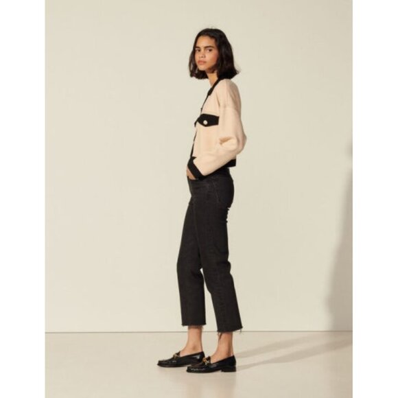 NWT Sandro Cher Cropped Cardigan Beige Black Topstitch Button Up Size 0 / XS - Picture 5 of 13